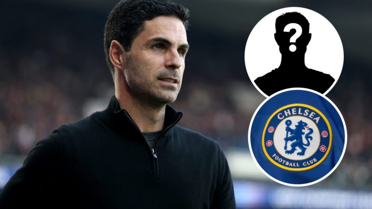 Image of Mikel Arteta with overlay of Chelsea badge and overlay of mystery player inset