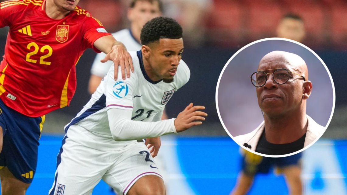 Ethan Nwaneri duels with a Spain defender during a match for England U21s. Inset, Arsenal legend Ian Wright.