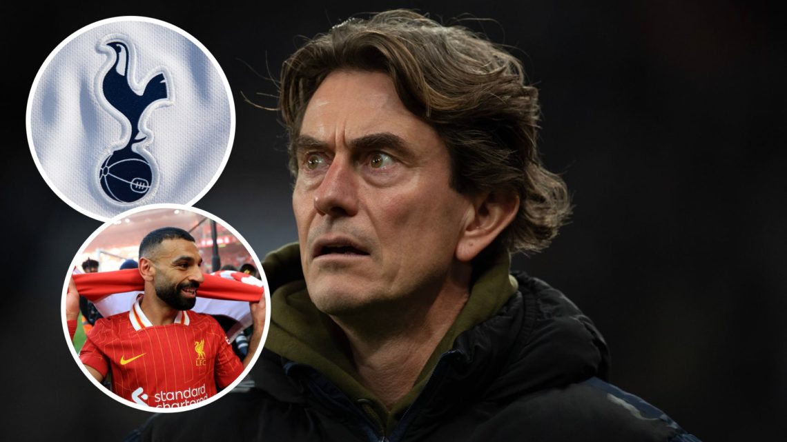 Tottenham Hotspur manager Thomas Frank during Premier League match. Inset of Spurs badge and Mo Salah.