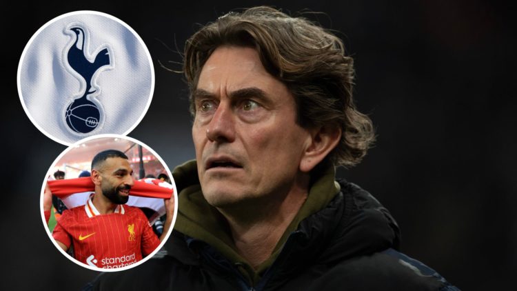 Tottenham Hotspur manager Thomas Frank during Premier League match. Inset of Spurs badge and Mo Salah.