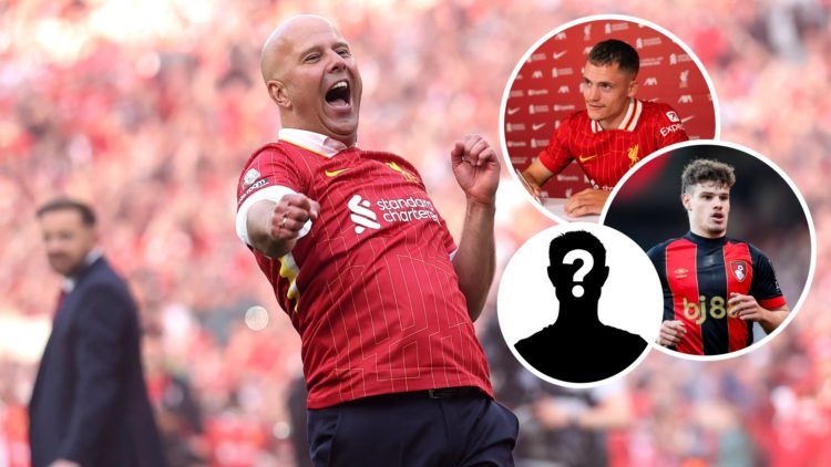 Image of Arne Slot celebrating at Anfield, Florian Wirtz, Milos Kerkez and mystery figure inset