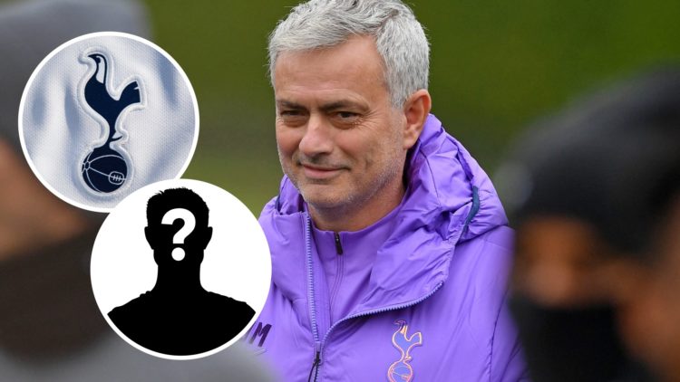 Former Tottenham Hotspur manager Jose Mourinho during training session. Inset of Spurs badge and mystery player.