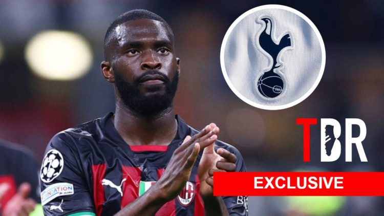 AC Milan defender Fikayo Tomori. Inset of Tottenham badge and mystery player.