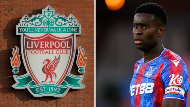 Split image of Liverpool badge and Marc Guehi in action for Crystal Palace