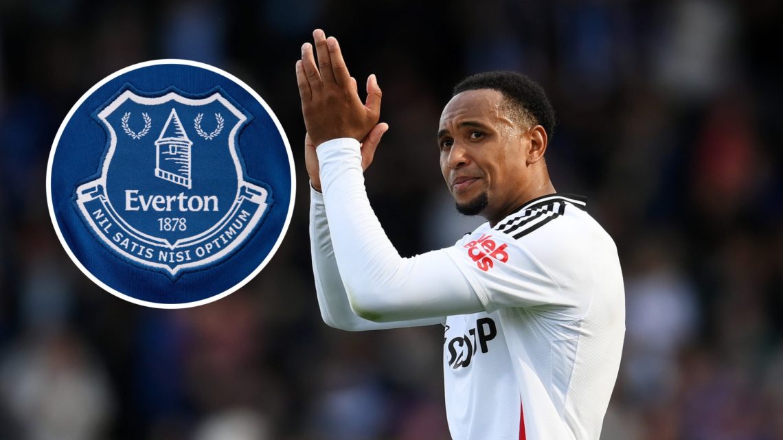 Kenny Tete applauds fans after victory in the Premier League match between Fulham and Leicester at Craven Cottage, Everton badge inset