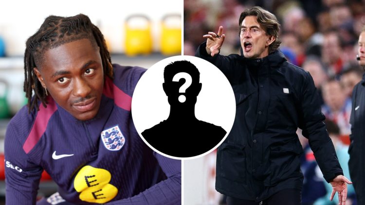 Split image of Tottenham Hotspur manager Thomas Frank during Premier League match (R) and Eberechi Eze training with England (L).