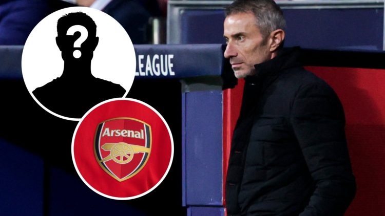 Sporting director Andrea Berta looks on during an Atletico Madrid match. Inset, Arsenal badge and a question mark.