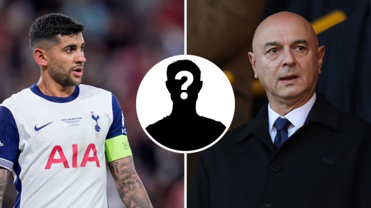 Tottenham Hotspur defender Cristian Romero during the Europa League final (L) and Tottenham chairman Daniel Levy at Premier League match (R). Inset...