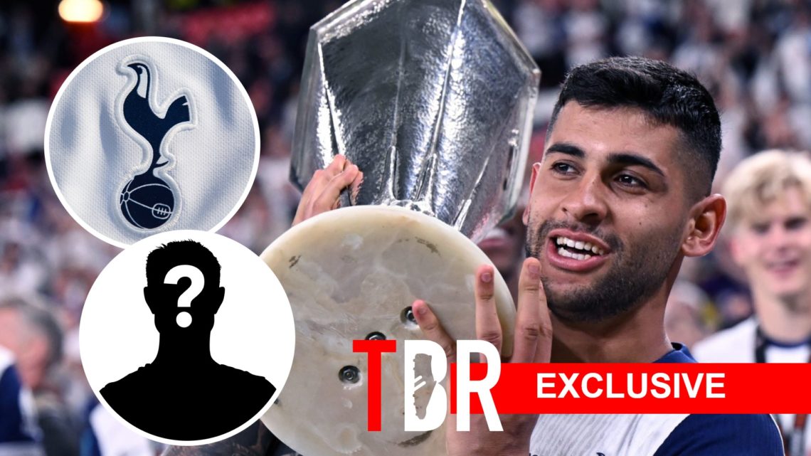 Tottenham Hotspur defender Cristian Romero with the Europa League trophy. Inset of Tottenham badge and mystery player.