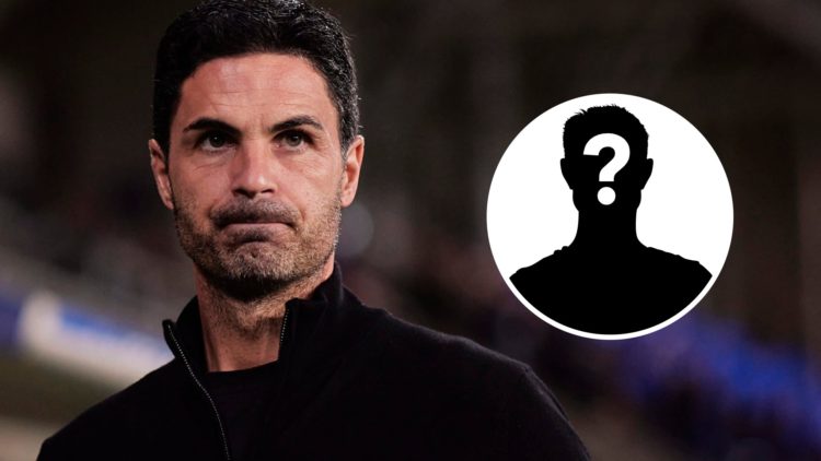 Mikel Arteta looks on during an Arsenal match in the Champions League. Inset, question mark.