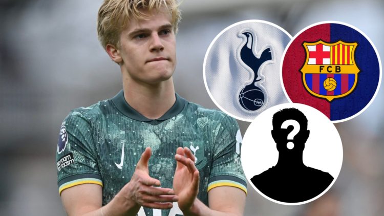 Tottenham Hotspur midfielder Lucas Bergvall looks dejected after Premier League match. Inset of Spurs badge, Barcelona badge and mystery player.