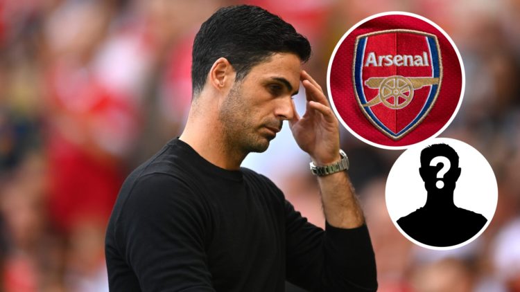 Mikel Arteta looks dejected during the Premier League clash between Manchester United and Arsenal, mystery figure and Arsenal badge inset