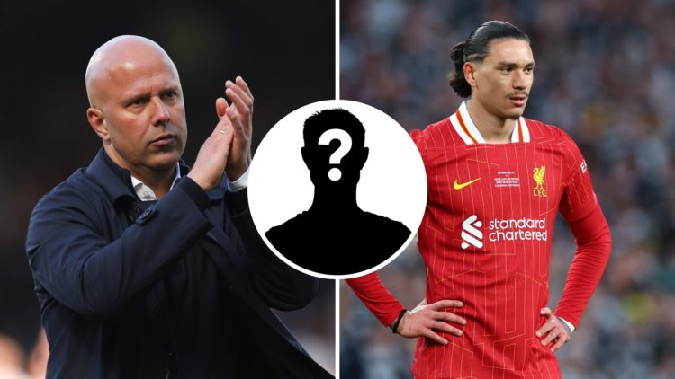 Split image of Arne Slot and Darwin Nunez with overlay of mystery player inset