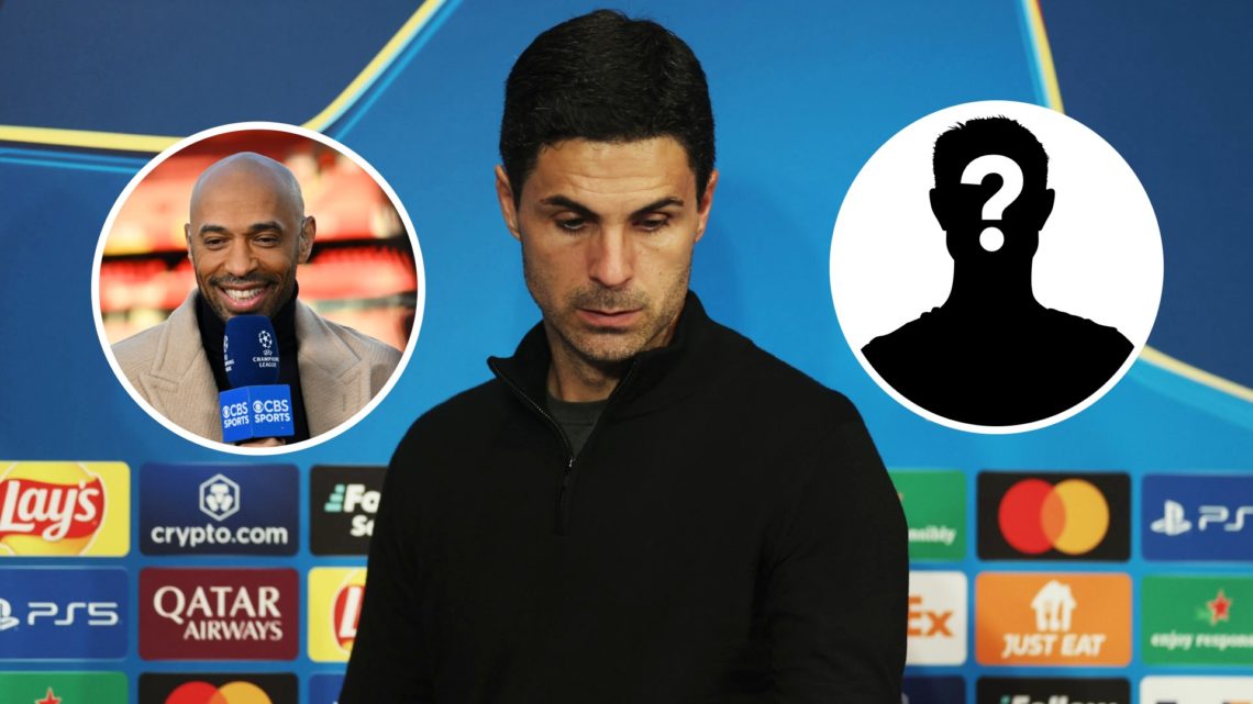 Arsenal manager Mikel Arteta during Champions League press conference. Inset of Arsenal legend Thierry Henry and mystery player.