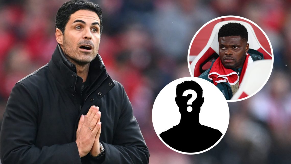 Arsenal manager Mikel Arteta during a Premier League match. Inset, Thomas Partey and a question mark.
