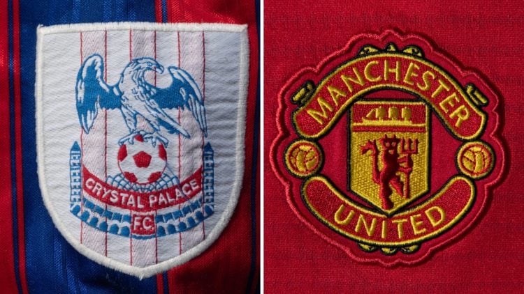 Split image of the Crystal Palace badge and the Manchester United badge