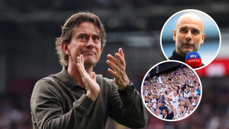 Tottenham Hotspur manager Thomas Frank after Premier League match. Inset of Man City manager Pep Guardiola on Sky Sports and Tottenham fans after E...