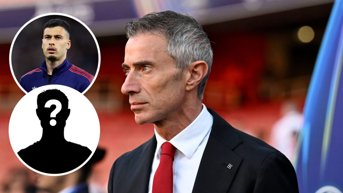 Image of Arsenal director Andrea Berta with overlay of Gabriel Martinelli and overlay of mystery player