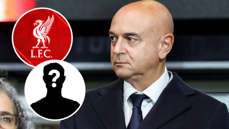 Tottenham Hotspur chairman Daniel Levy ahead of Premier League match. Inset of Liverpool badge and mystery player.