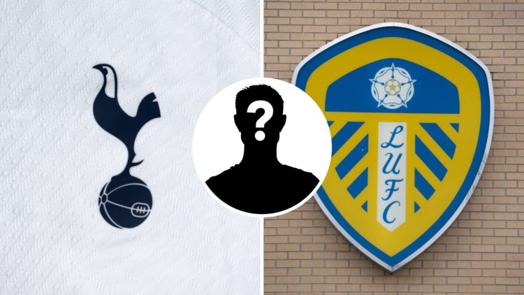 Split image of Tottenham badge and Leeds United badge with overlay of mystery player
