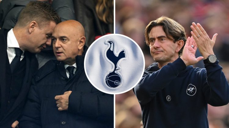 Split image of Daniel Levy and Johan Lange ahead of Tottenham game (left) and Tottenham manager Thomas Frank applauding fans after Premier League m...