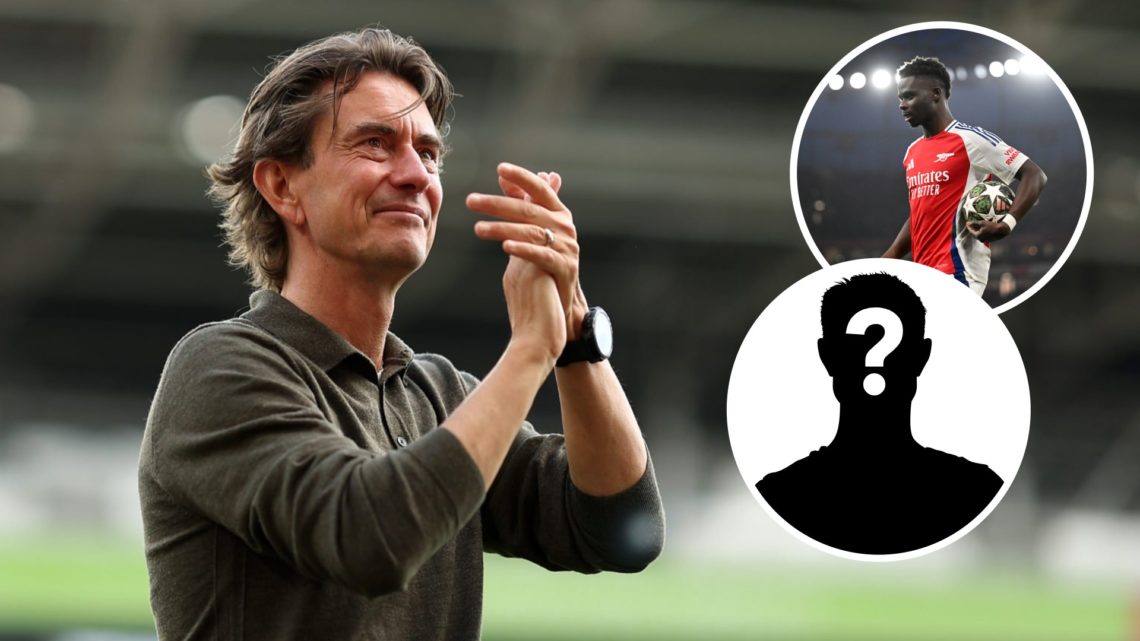 Image of new Tottenham head coach Thomas Frank applauding the fans when he was the Brentford boss with insets of Bukayo Saka walking with a ball du...