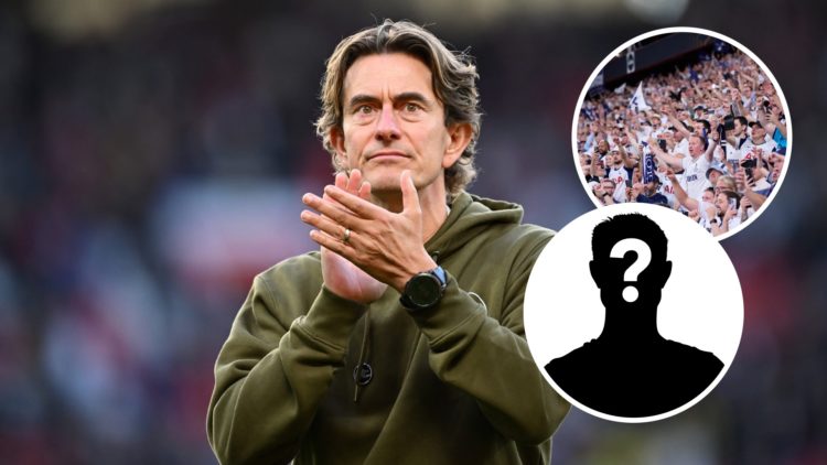 Tottenham Hotspur manager Thomas Frank after a Premier League match. Inset of Tottenham fans at the Europa League final in Bilbao and mystery player.