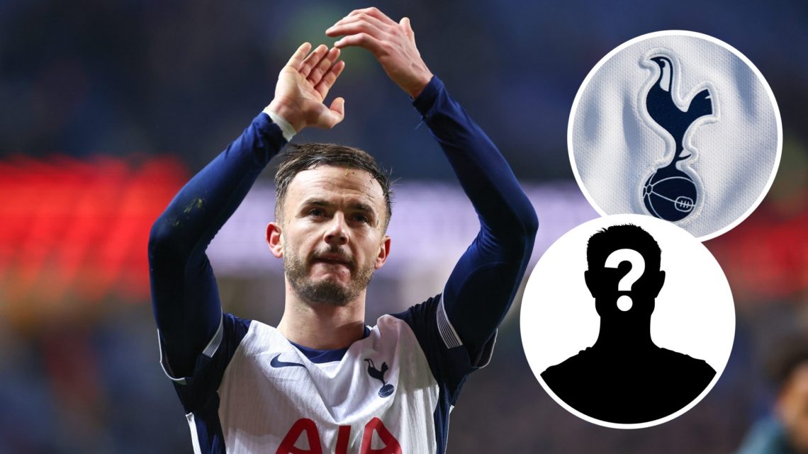 Tottenham Hotspur midfielder James Maddison after Europa League match against Rangers. Inset of mystery player and Spurs badge.