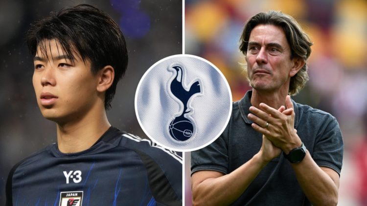 Split image of Japan defender Kota Takai during FIFA World Cup Asian Third Qualifier (left) and Tottenham manager Thomas Frank after Premier League...