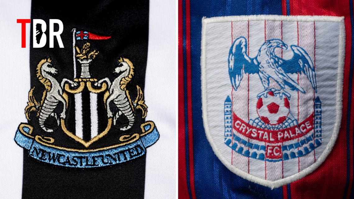 Split image of the Newcastle badge and Crystal Palace badge with TBR logo inset