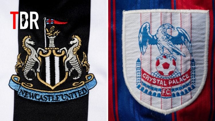 Split image of the Newcastle badge and Crystal Palace badge with TBR logo inset