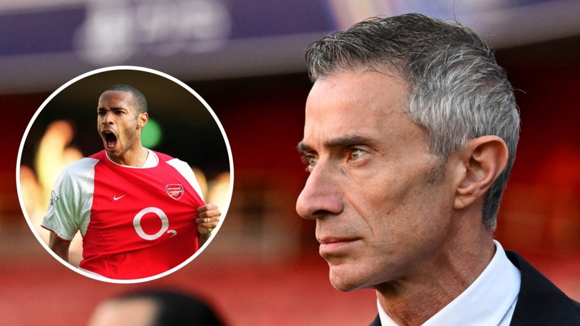 Image of Arsenal sporting director Andrea Berta looking on before a game at the Emirates with an inset of Thierry Henry celebrating after scoring a...