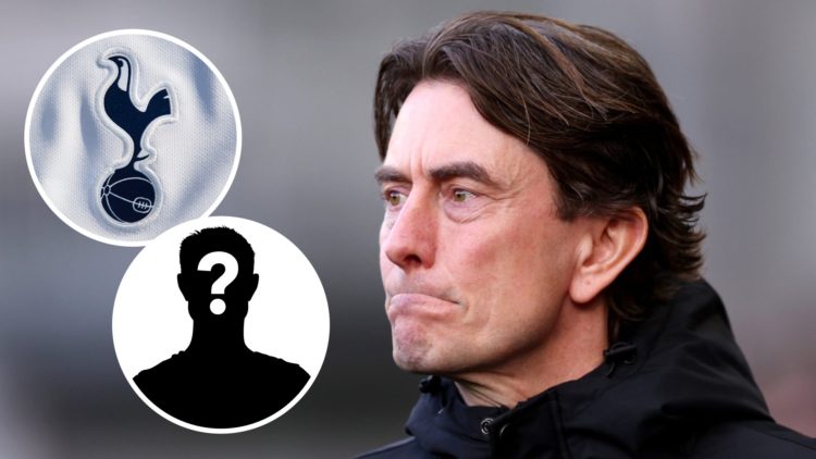 Thomas Frank looks on whilst in charge of Brentford. Inset, Tottenham badge.