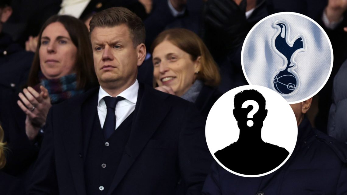 Tottenham Hotspur sporting director Johan Lange ahead of Premier League match. Inset of Spurs badge and mystery player.