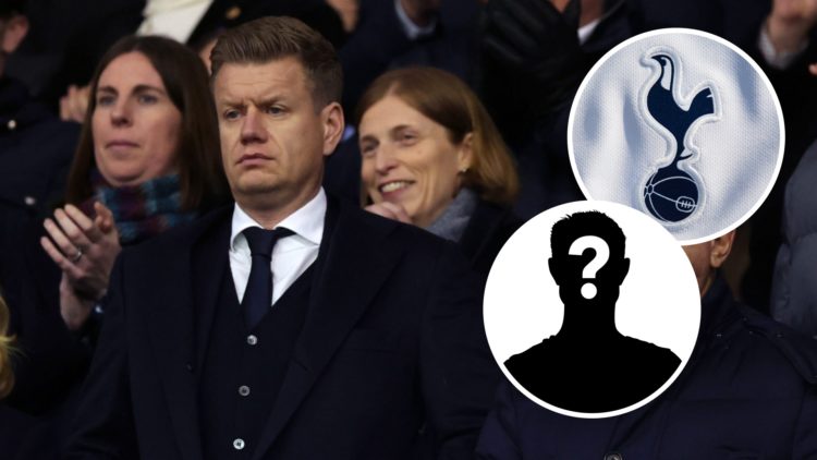 Tottenham Hotspur sporting director Johan Lange ahead of Premier League match. Inset of Spurs badge and mystery player.