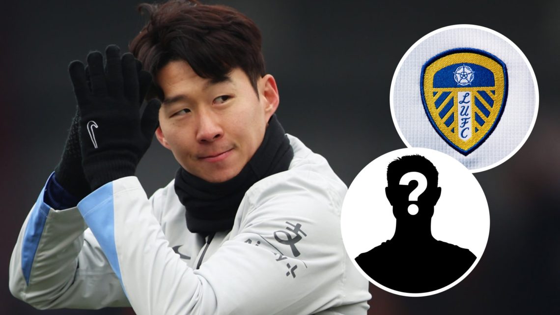 Tottenham Hotspur captain Son Heung-min ahead of a Premier League match. Inset of Leeds United badge and mystery player.