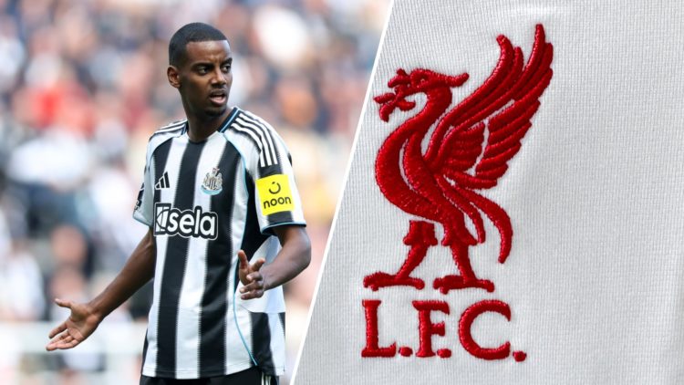 Split image of Alexander Isak and the Liverpool badge