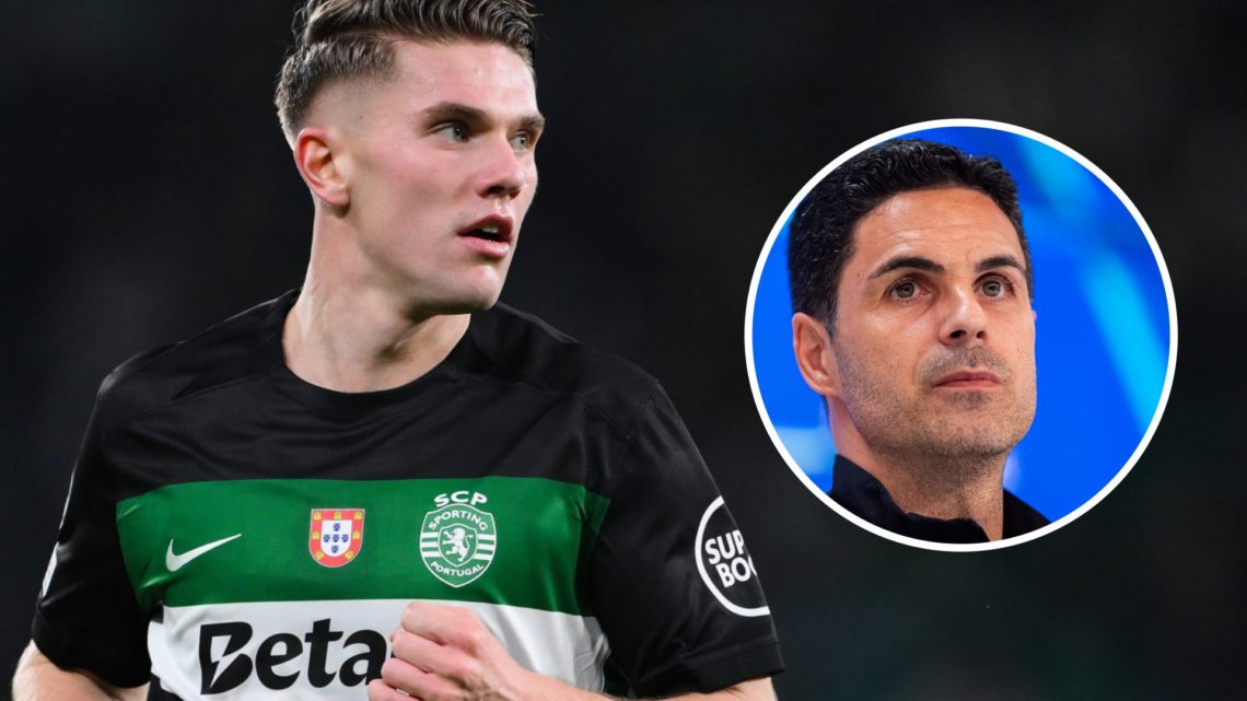 Viktor Gyokeres during a match for Sporting CP. Inset, Arsenal manager Mikel Arteta.