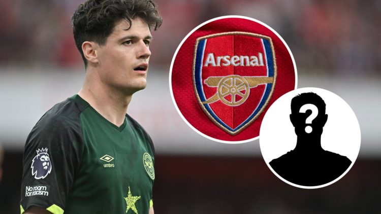 Christian Norgaard during the Premier League match between Arsenal and Brentford, Arsenal badge and mystery figure inset