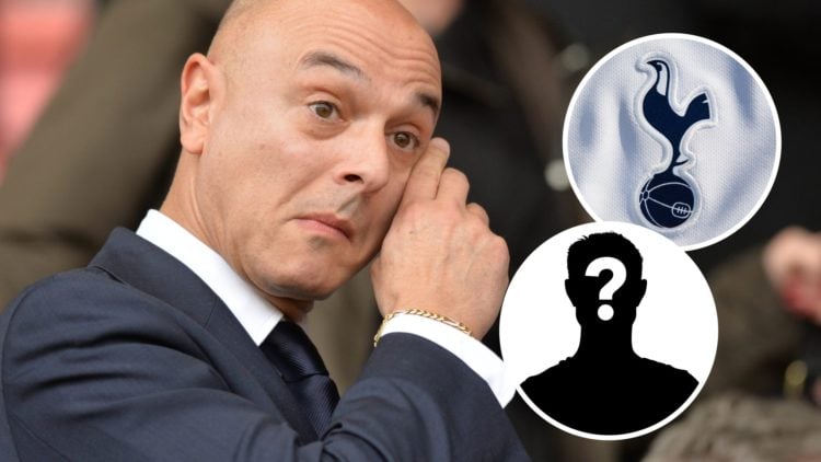 Tottenham Hotspur chairman Daniel Levy ahead of Premier League match. Inset of Spurs badge and mystery player.