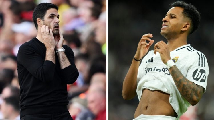Split image of (L) Arsenal manager Mikel Arteta looking dejected during a game and (R) Rodrygo Goes looking frustrated while playing for Real Madrid