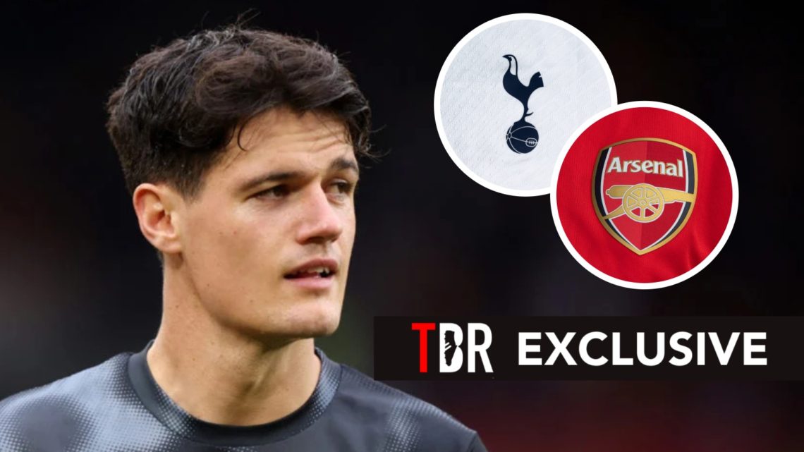 Image of Christian Norgaard looking on before a Brentford game with insets of the Arsenal and Tottenham badges, overlaid a TBR exclusive banner