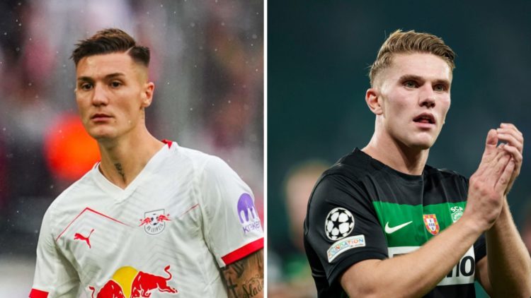 Benjamin Sesko looks on for RB Leipzig. Split with Viktor Gyokeres applauding Sporting CP fans.