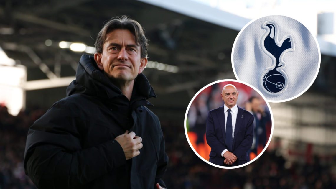 Brentford manager Thomas Frank, Inset of Tottenham Hotspur badge and Daniel Levy.
