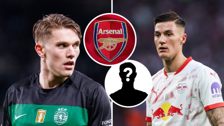 Split image of Viktor Gyokeres and Benjamin Sesko with Arsenal badge and mystery figure inset