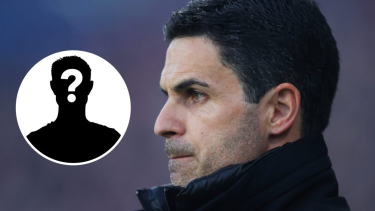 Image of Arsenal manager Mikel Arteta looking serious during a game with an inset of a mystery player