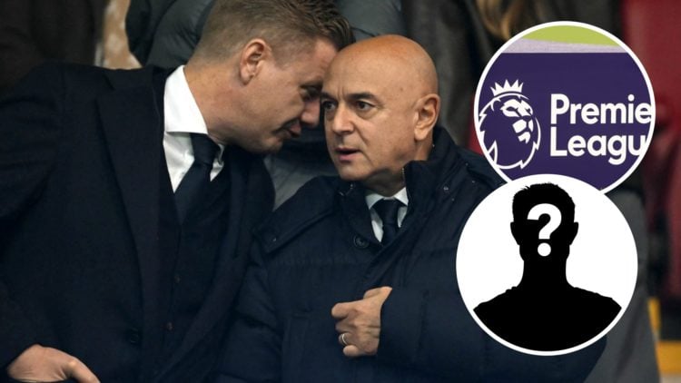 Tottenham Hotspur chairman Daniel Levy and sporting director Johan Lange before Spurs game. Inset of Premier League badge and mystery player.
