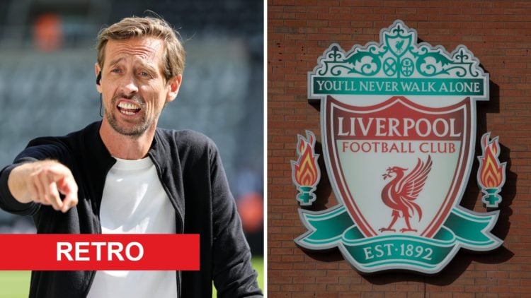 Split image of Peter Crouch and Liverpool badge