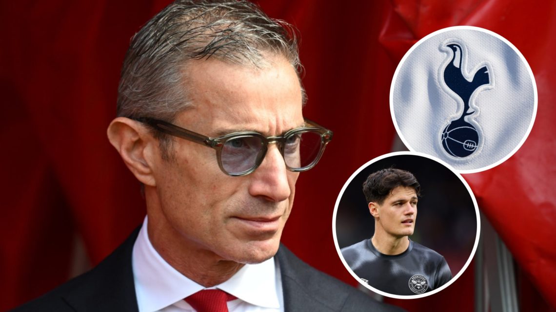 Arsenal sporting director Andrea Berta in the tunnel at the Emirates Stadium. Inset of Brentford's Christian Norgaard and Tottenham Hotspur badge.