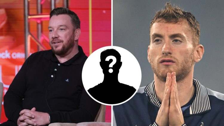 Split image of (L) Jamie O'Hara at an event in California and (R) Dejan Kulusevski joining his hands before a Tottenham game, with an inset of a my...